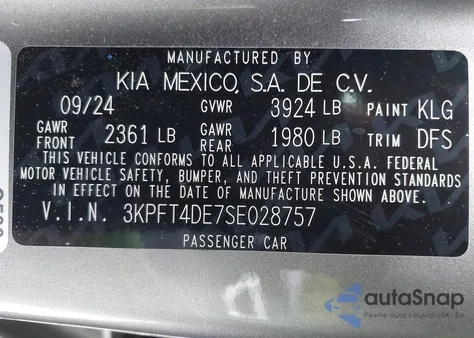 2025 Kia K4 Lxs из США, поврежденный, VIN 3KPFT4DE7SE028757